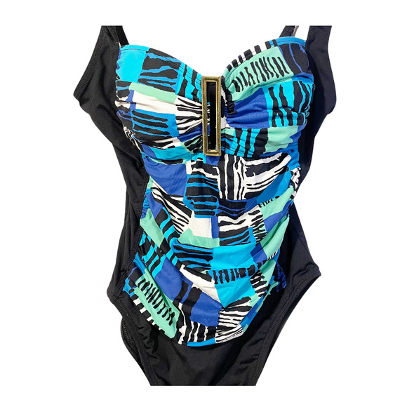 La Blanca One Piece Padded Ruched Swimsuit with Gold Emblem Women's Size 10 - Picture 2 of 7